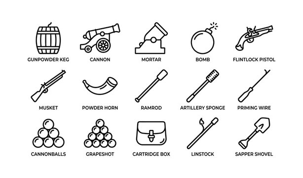 Artillery and gunpowder tool icons showing ordnance and equipment
