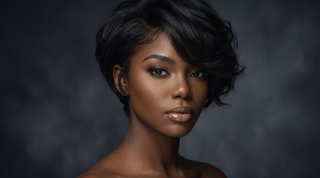 Ebony black African model with short pixie cut hairstyle, beauty portrait with sleek modern look, defined facial features and smooth radiant skin for Juneteenth and Black History Month