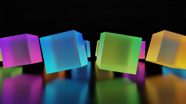 Row of colorful glowing translucent cubes on a reflective black surface casting neon reflections and vibrant gradient lighting in a minimalist studio scene