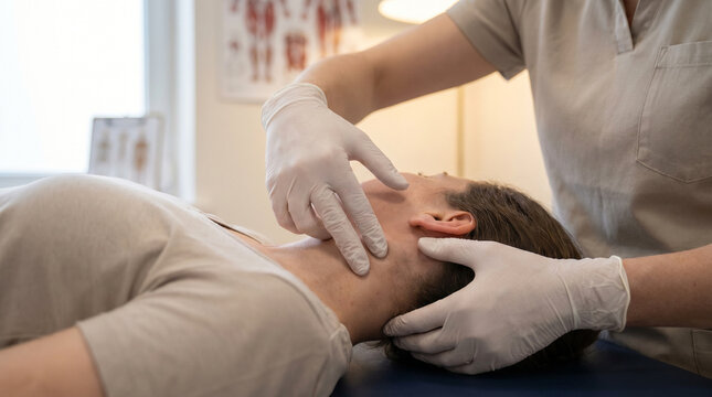 Professional physical therapist performing manual neck therapy treatment