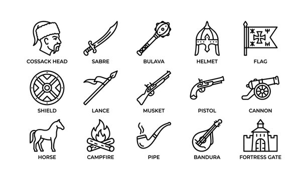 Cossack and historical weapon icons arranged on white grid