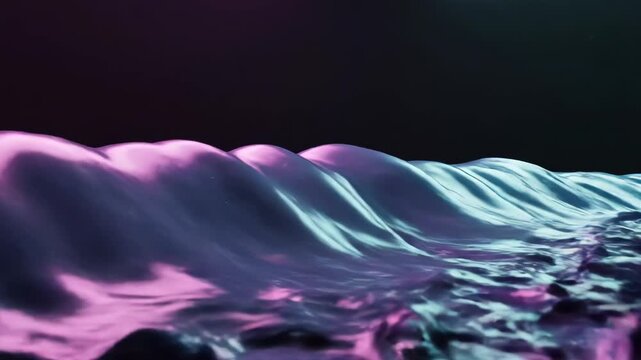 Abstract cinematic scene of a glossy iridescent wave and reflective liquid surface illuminated by neon cyan and magenta lighting, creating a futuristic purple-hued ocean horizon
