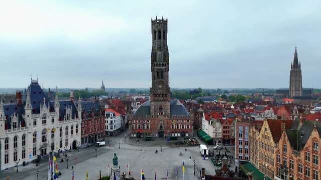 Aerial View of Belfry Tower and Grote Markt Square in Bruges Belgium
