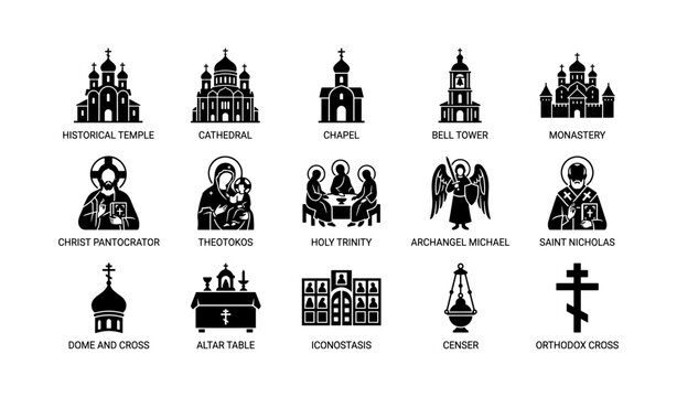 Orthodox church and religious icons in grid on white background