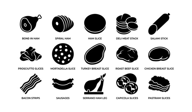 Deli meat and slice icons arranged in grid on white background
