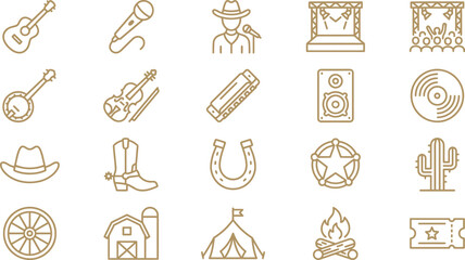 Set of country music icons featuring instruments and western elements in a simple line art style © Septarim