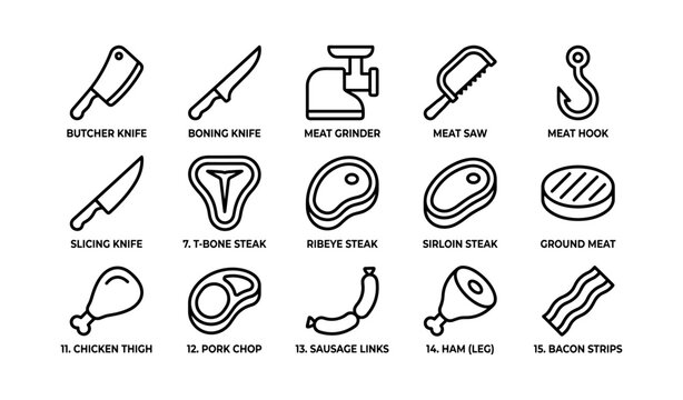 Butchery and meat cut icons showing knives tools and cuts