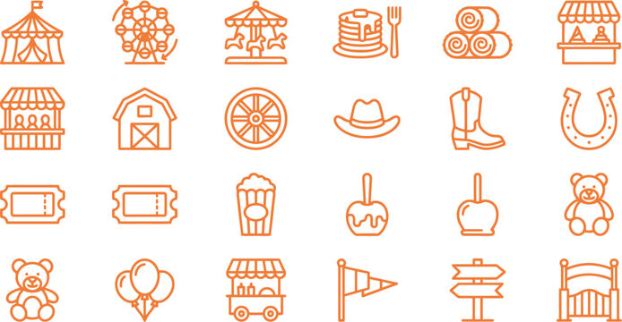 Collection of orange line icons representing carnival fair amusement park attractions and traditional country festival activities