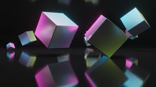 Floating glossy neon cubes suspended above a black mirrored surface, vividly colored with magenta, cyan and lime gradients in a futuristic abstract 3D composition with reflections