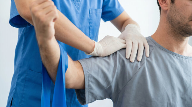 Physical therapist guiding patient arm resistance band exercise