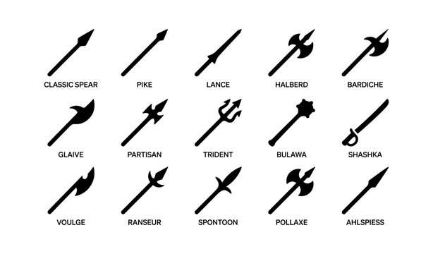 Medieval polearms and edged weapons icons arranged on white background