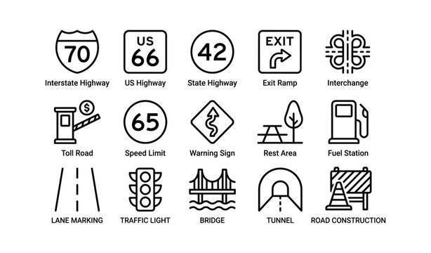 Highway and road signage icons for traffic and rest areas