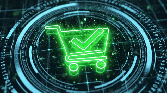 Neon shopping cart icons on a digital grid interface transitioning from a blue pending cart to a green confirmed cart with checkmark, symbolizing secure online purchase