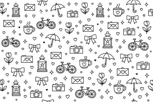 Patterns of everyday items including bicycles, cups, and flowers arranged in a simple design for creative projects