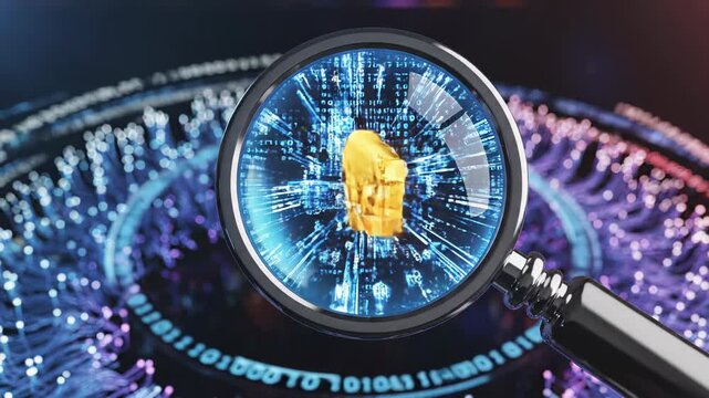 Magnifying glass inspecting a golden package icon above concentric rings of binary code and neural data spikes, representing data analysis, cybersecurity inspection and forensics