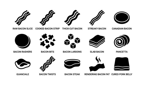 Various bacon cuts and preparations icons shown on white background