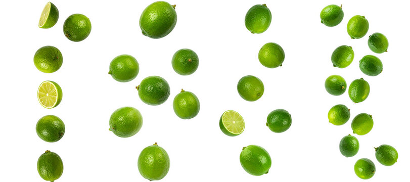 Fresh limes falling splashing cutout on transparent background