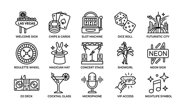 Casino and nightlife icons showing entertainment and neon