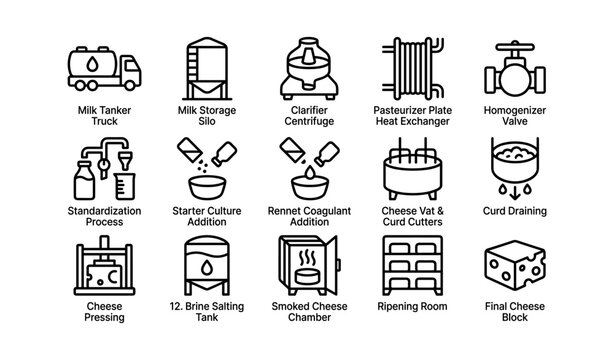 Milk processing equipment and cheese production icons grid