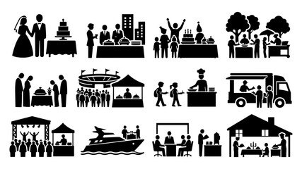 Obraz premium Catering Event and Celebration Silhouette Icons Set