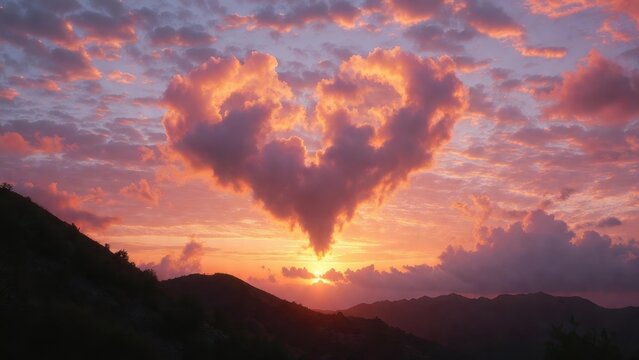 Heart shaped cloud glowing over mountain range at sunset