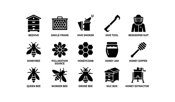 Beekeeping icons showing bees tools honey and hive on white background