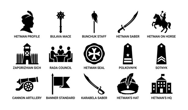 Hetman and historical emblem icons displayed on white background