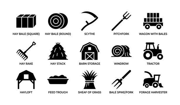 Hay and farm icons arranged in grid on white background