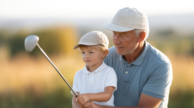 Elderly man teaching young child to play golf in a scenic outdoor setting
