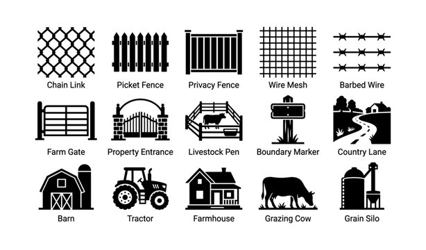 Farm and fence icons illustrating barriers, gates and rural structures