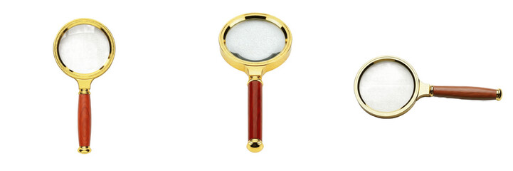 Set of Red Wooden Magnifying Glass Vintage Loupe Tool Isolated on White Background, PNG