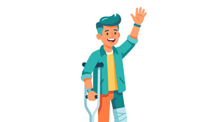 Fototapeta premium Healing Journey: A resilient person, embracing recovery with a wave, crutch in hand, symbolizing hope and fortitude after injury.