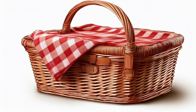 wicker picnic basket with red and white checkered lining isolated on a white background realistic texture clean cutout png