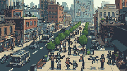 Pixel art of a futuristic city street with people, robots and drones living together in a modern urban environment © Pyxzel