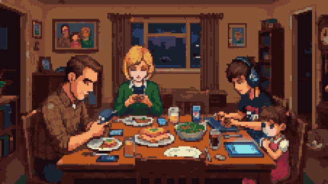 Pixel art of a family having dinner while everyone is distracted by smartphones and tablets symbolizing digital alienation