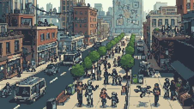 Pixel art of a futuristic city street with people, robots and drones living together in a modern urban environment