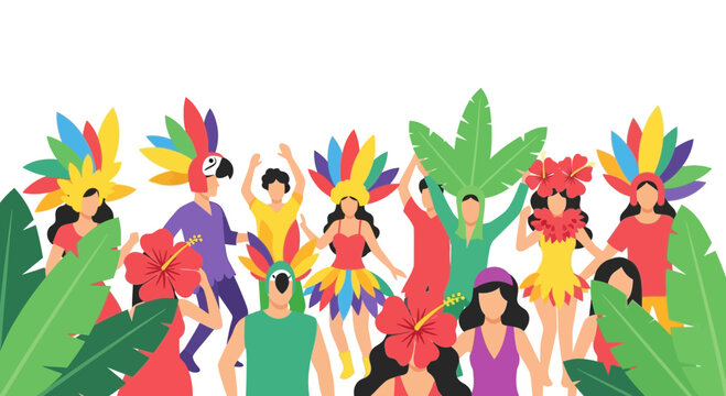 People celebrating carnival in colorful costumes with tropical leaves