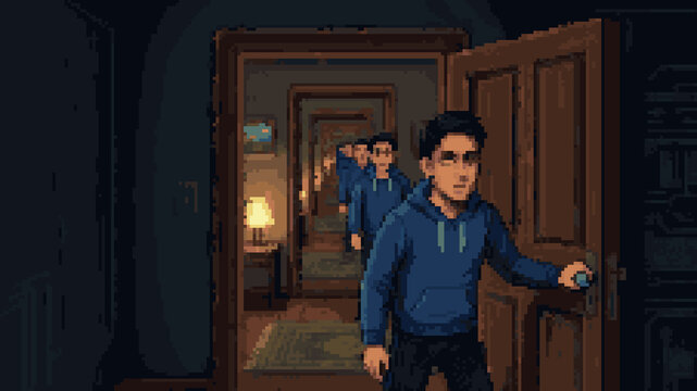 Pixel art of a man opening a door to find an infinite hallway of identical doors and versions of himself