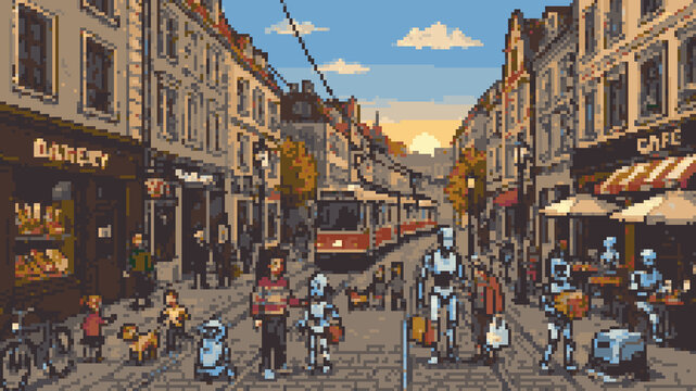 Pixel art of a futuristic European street where humans and robots coexist with a vintage tram at sunset