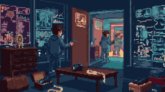 Pixel art of a young man opening a door to an infinite sequence of rooms and multiple versions of himself