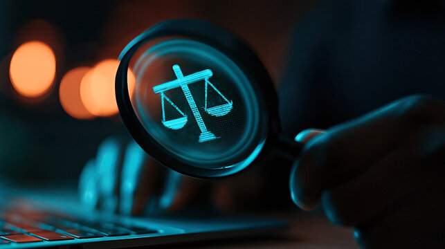 Modern Justice Concept: Magnifying Glass with Digital Scales Symbol Over Laptop in Dark Room with Blue and Orange Glow