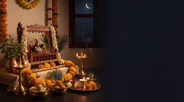Janmashtami night shrine with Krishna idol jhula diya lights marigolds and crescent moon