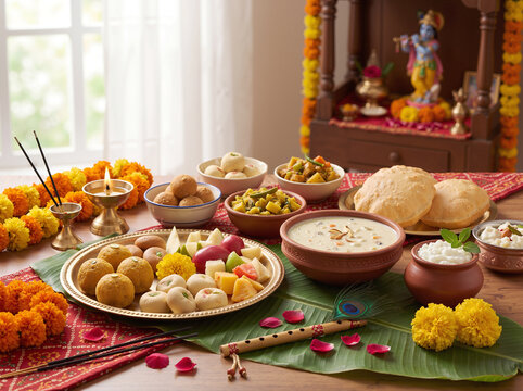 Janmashtami feast offering with sweets poori diya flowers flute and Krishna shrine