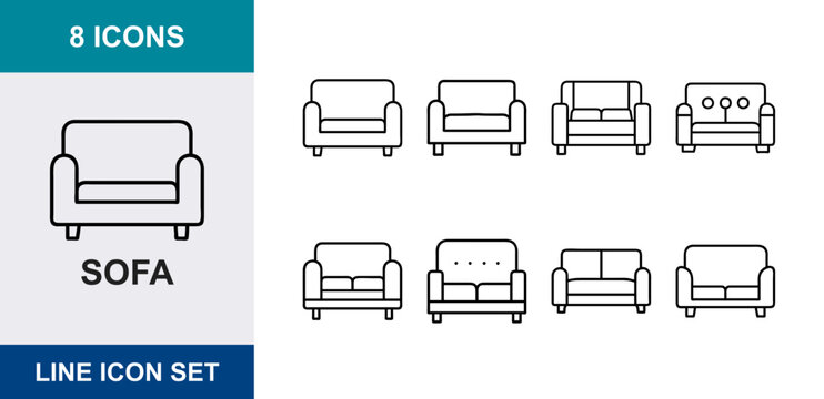 8 Sofa Line Icons Set, Furniture Vector Graphics, Modern Home Decor Elements