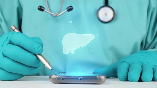 Specialist uses mobile device with holographic liver interface for diagnosis and monitoring of liver diseases through biomedical scanning, integrated digital health ecosystem
