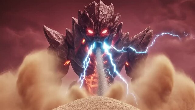 giant rock golem monster rising from the desert sand with glowing red eyes and blue lightning sparks
