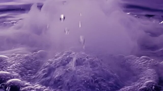 macro view of bubbling purple liquid with thick white steam and rising gas bubbles on the surface