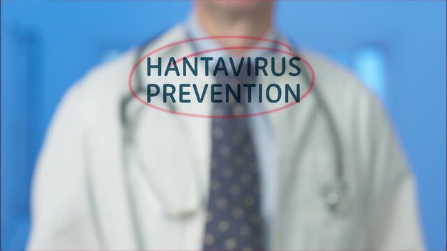 Professional doctor wearing a white lab coat writing the words hantavirus prevention on a transparent screen, focusing on healthcare measures against the viral infection spread by rodents
