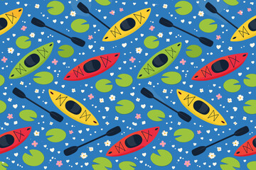 Naklejka premium Bright patterns with kayaks, paddles, and water lilies on a blue background during daytime