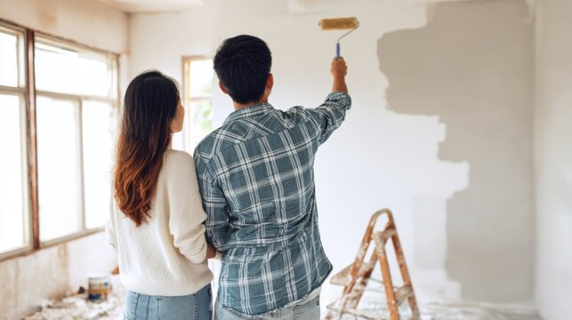 Adult couple painting walls together during home renovation. Man and woman using paint roller in apartment, DIY repair, interior improvement and home makeover concept